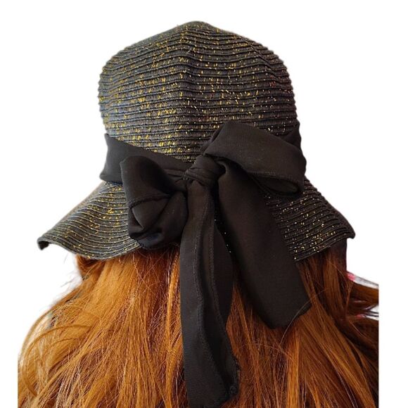 Black Gold Metallic Weaved Wide Brim Straw Sun Hat With Black Ribbon - Picture 6 of 8